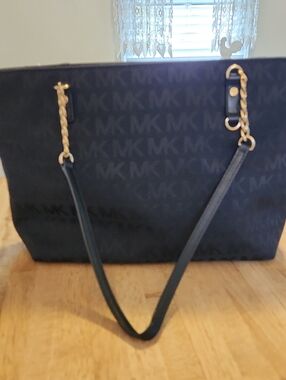 Michael Kors Black MK Logo Tote with Gold Chain Accents